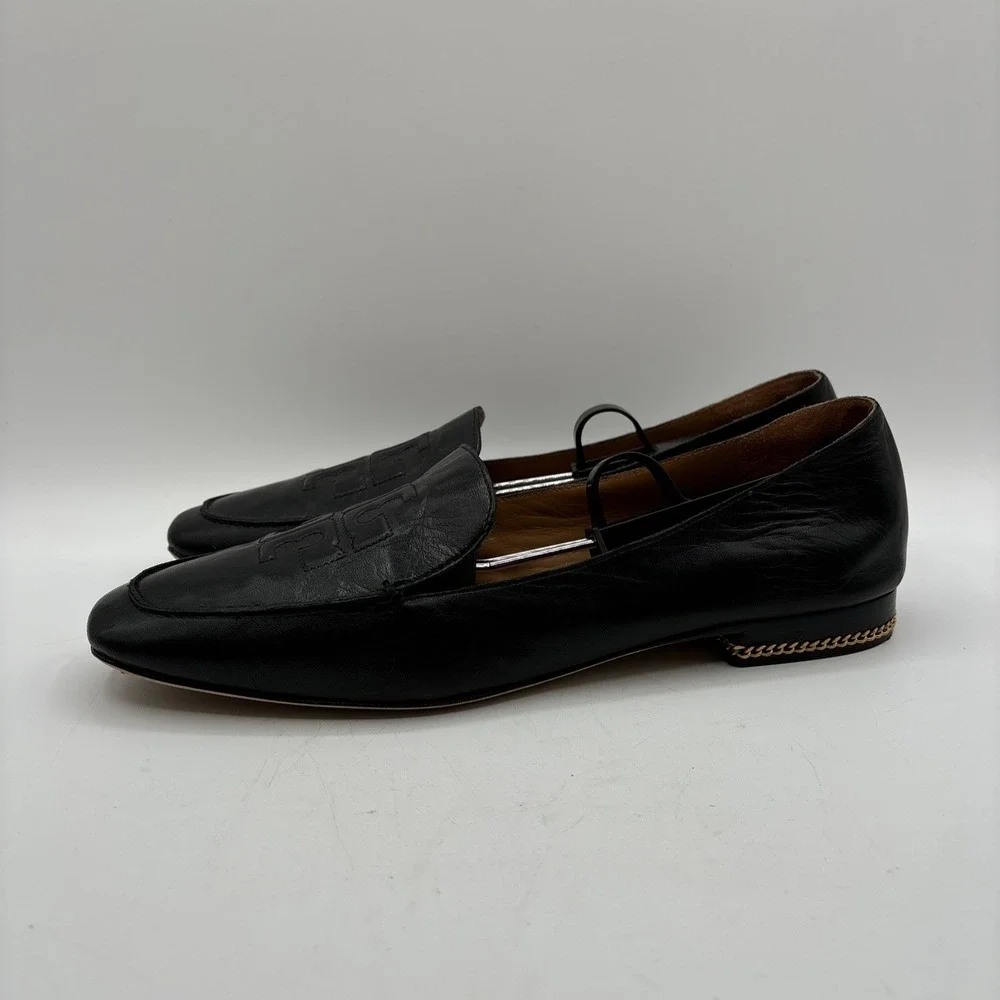 Tory Burch Ruby Loafers Women's 10 M Black Leather Chain Heel Embossed Logo